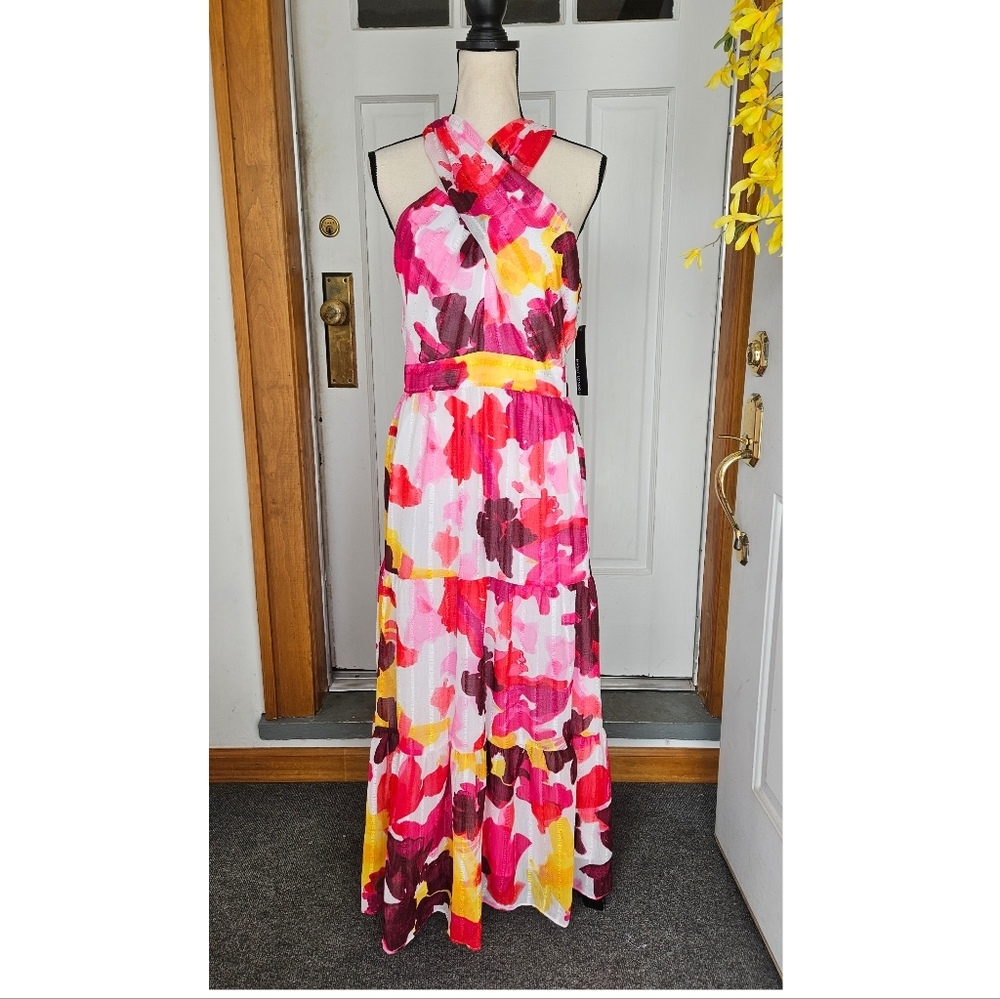 NWT Maggy London Criss-Cross Halter Tiered Maxi Dress, Size 10 - Picture 5 of 17